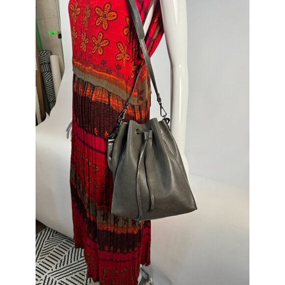 Neiman Marcus Gray Leather Look Drawstring Crossbody Bag Adjustable Strap - Picture 13 of 16